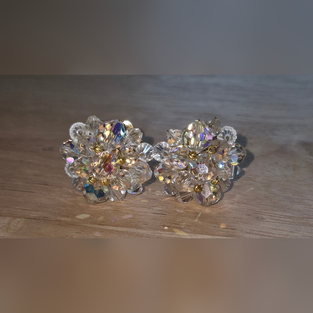 Vintage Aurora Borealis  Crystal Cluster Clip On Gold Tone Earrings